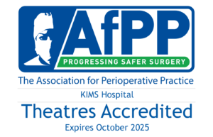 AfPP accreditation logo for KIMS Hospital Theatres, stating "Progressing Safer Surgery" and expiring October 2025.
