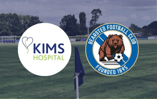 Logos for KIMS Hospital and Bearsted Football Club side-by-side over a blurred image of a green football pitch.