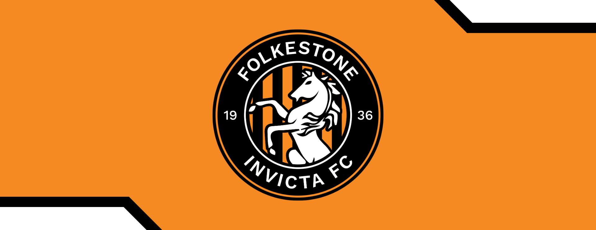 Folkestone Invicta FC circular club crest featuring a white horse on an orange and black striped background.