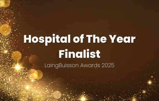 An awards graphic for "Hospital of The Year Finalist" at the LaingBuisson Awards 2025 on a gold glitter background.